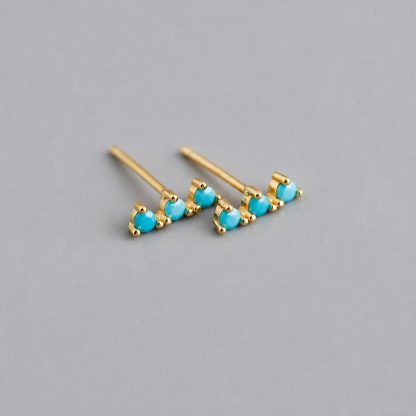 Geometric Three Stone Bar Stud Earrings with Cubic Zirconia and Turquoise in 925 Sterling Silver Stud Earrings