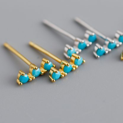 Geometric Three Stone Bar Stud Earrings with Cubic Zirconia and Turquoise in 925 Sterling Silver Stud Earrings