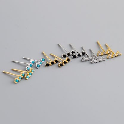 Geometric Three Stone Bar Stud Earrings with Cubic Zirconia and Turquoise in 925 Sterling Silver Stud Earrings