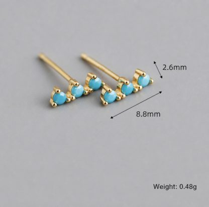Geometric Three Stone Bar Stud Earrings with Cubic Zirconia and Turquoise in 925 Sterling Silver Stud Earrings