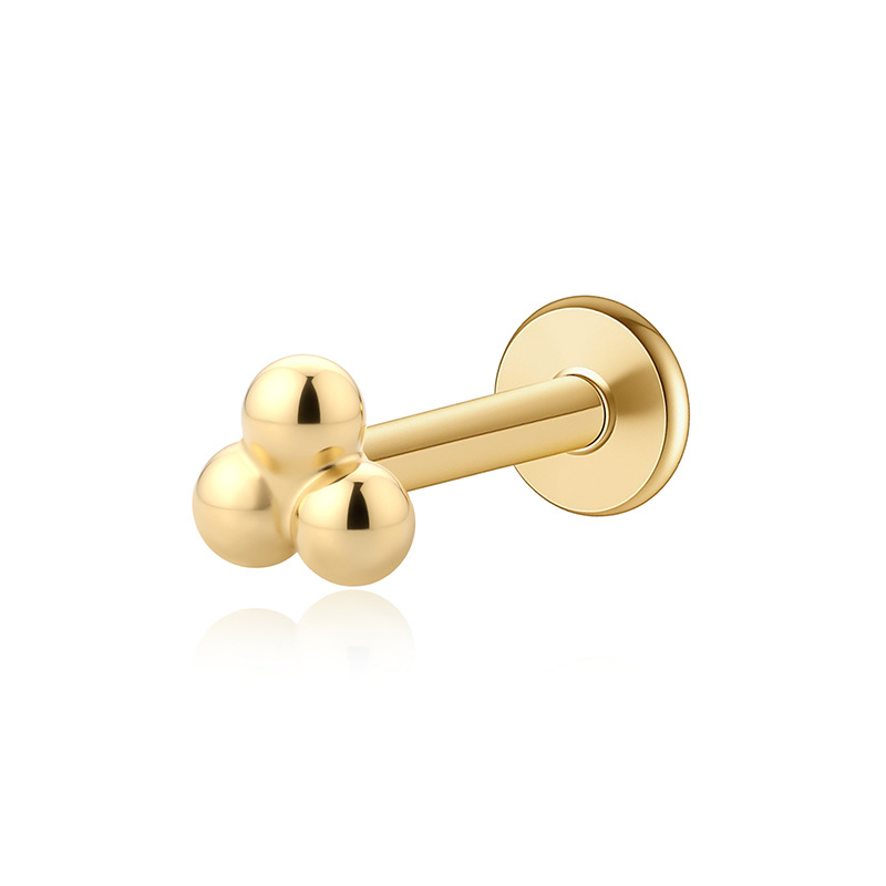 Geometric Triple Bead S925 Sterling Silver Internally Threaded Flat Back Ear Stud Earrings (Single)