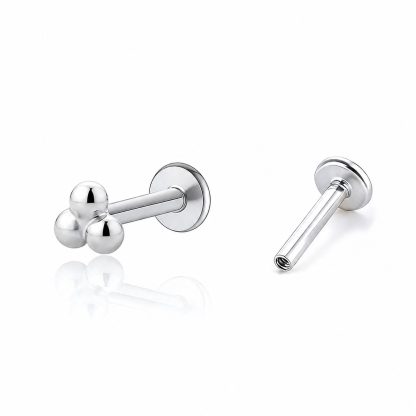 Geometric Triple Bead S925 Sterling Silver Internally Threaded Flat Back Ear Stud Earrings (Single)