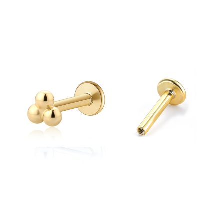 Geometric Triple Bead S925 Sterling Silver Internally Threaded Flat Back Ear Stud Earrings (Single)