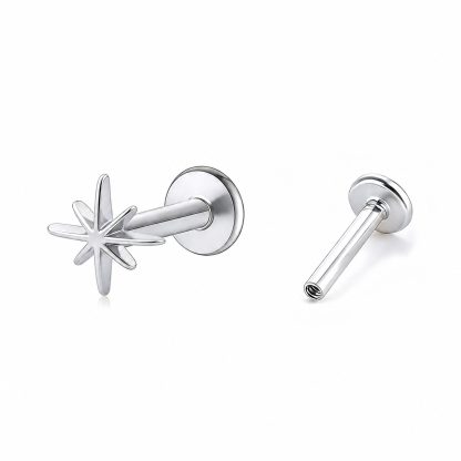 Eight Point Star 925 Sterling Silver Flat Back Internal Thread Ear Stud Earrings (Single)