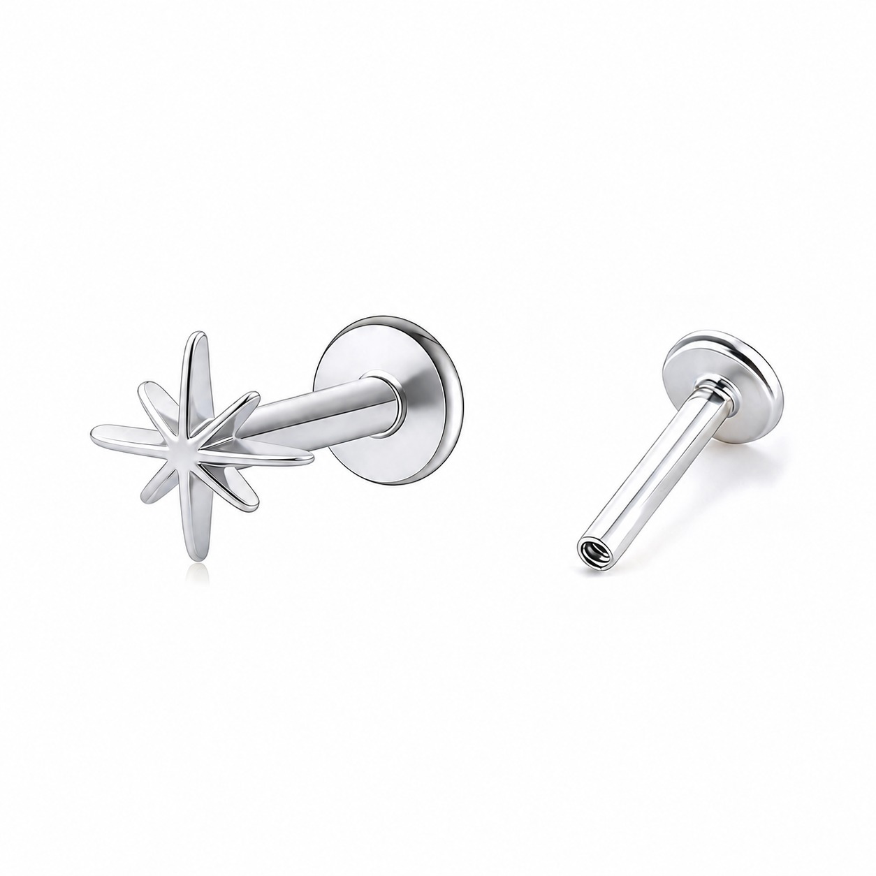 Eight Point Star 925 Sterling Silver Flat Back Internal Thread Ear Stud Earrings (Single)