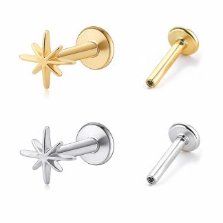 Eight Point Star 925 Sterling Silver Flat Back Internal Thread Ear Stud Earrings (Single)