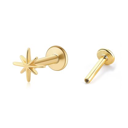 Eight Point Star 925 Sterling Silver Flat Back Internal Thread Ear Stud Earrings (Single)
