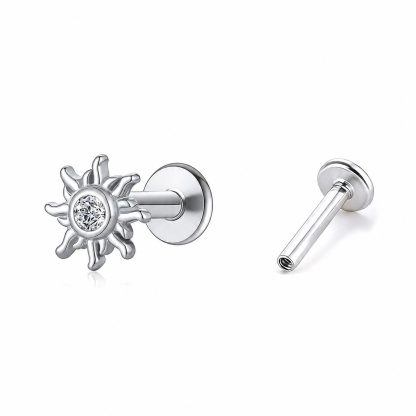 Sun Flower Cubic Zirconia 925 Sterling Silver Threaded Ear Stud Cartilage Piercing Stud Earring (Single)