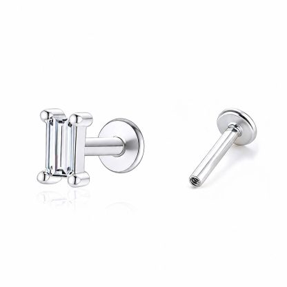Geometric Baguette White Cubic Zirconia Flat Back Ear Stud 925 Sterling Silver (Single)