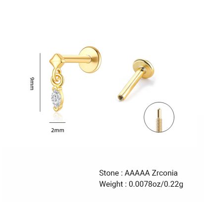 Cubic Zirconia Marquise 925 Sterling Silver With Geometric Top Flat Back Internal Thread Cartilage Piercing Drop Ear Stud Earrings (Single)