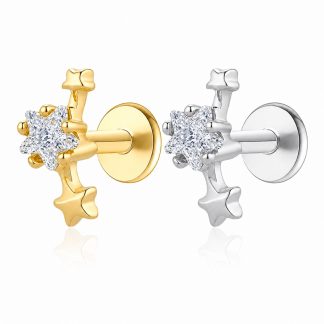 Star Cubic Zirconia 925 Sterling Silver Internal Thread Flat Back Ear Stud Cartilage Piercing Earring (Single)