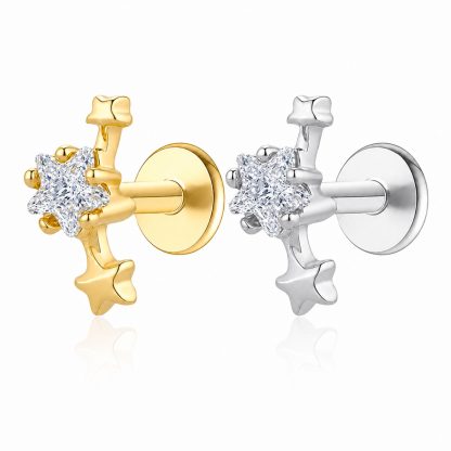 Star Cubic Zirconia 925 Sterling Silver Internal Thread Flat Back Ear Stud Cartilage Piercing Earring (Single)
