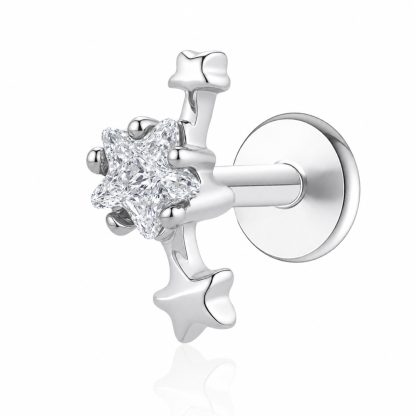 Star Cubic Zirconia 925 Sterling Silver Internal Thread Flat Back Ear Stud Cartilage Piercing Earring (Single)