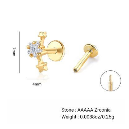 Star Cubic Zirconia 925 Sterling Silver Internal Thread Flat Back Ear Stud Cartilage Piercing Earring (Single)