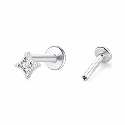 Geometric Four Point Star Cubic Zirconia 925 Sterling Silver Flat Back Internal Thread Ear Stud Earring(Single)