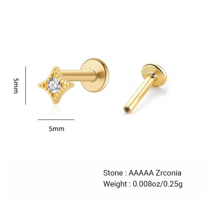 Geometric Four Point Star Cubic Zirconia 925 Sterling Silver Flat Back Internal Thread Ear Stud Earring(Single)