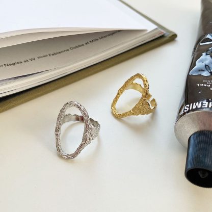 Party Hollow Irregular Oval Geometry 925 Sterling Silver Adjustable Ring