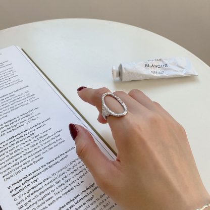 Party Hollow Irregular Oval Geometry 925 Sterling Silver Adjustable Ring