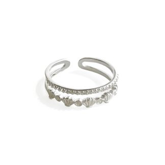 Women Fashion Double Layers CZ Shell 925 Sterling Silver Adjustable Ring