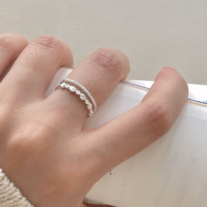 Women Fashion Double Layers CZ Shell 925 Sterling Silver Adjustable Ring