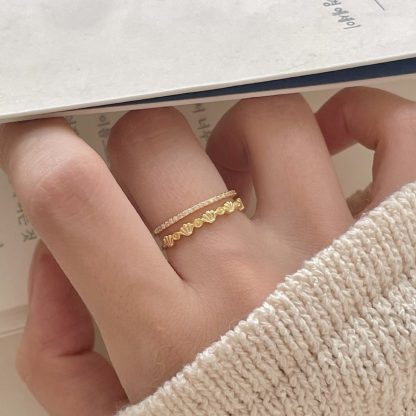 Women Fashion Double Layers CZ Shell 925 Sterling Silver Adjustable Ring