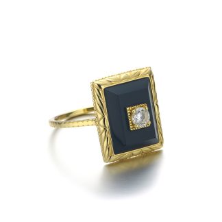 Elegant Black Square Natural Agate CZ 925 Sterling Silver Ring