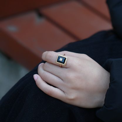 Elegant Black Square Natural Agate CZ 925 Sterling Silver Ring