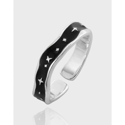 Geometric Design S925 Sterling Silver Starry Night Black Enamel Open Adjustable Ring
