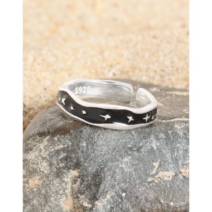 Geometric Design S925 Sterling Silver Starry Night Black Enamel Open Adjustable Ring
