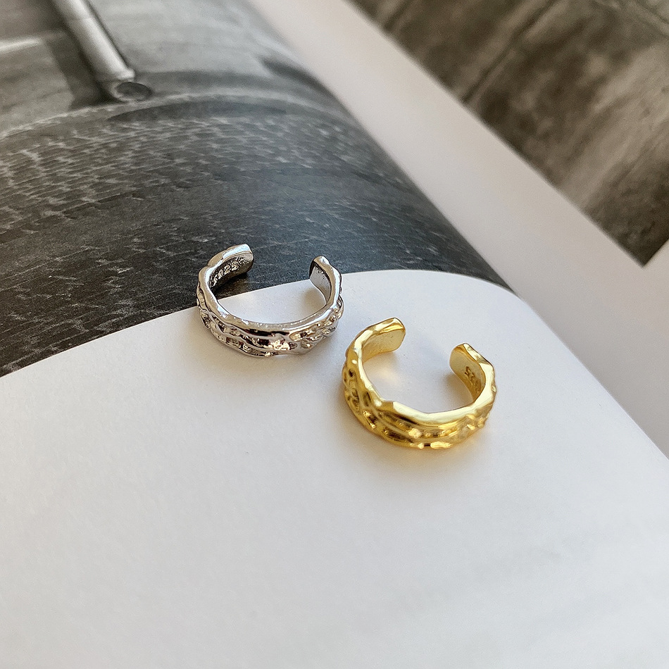Geometric Textured 925 Sterling Silver Adjustable Ear Cuff Earrings in White Gold and Yellow Gold for Women Fashion Trendy Jewelry