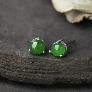 Simple Round Natural Jasper Jade 925 Sterling Silver Stud Earrings