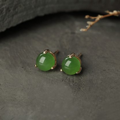 Simple Round Natural Jasper Jade 925 Sterling Silver Stud Earrings