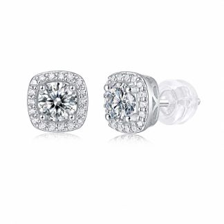 Square Cushion Halo Moissanite White 925 Sterling Silver Geometric Ear Stud Earrings