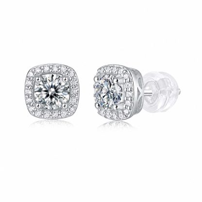 Square Cushion Halo Moissanite White 925 Sterling Silver Geometric Ear Stud Earrings