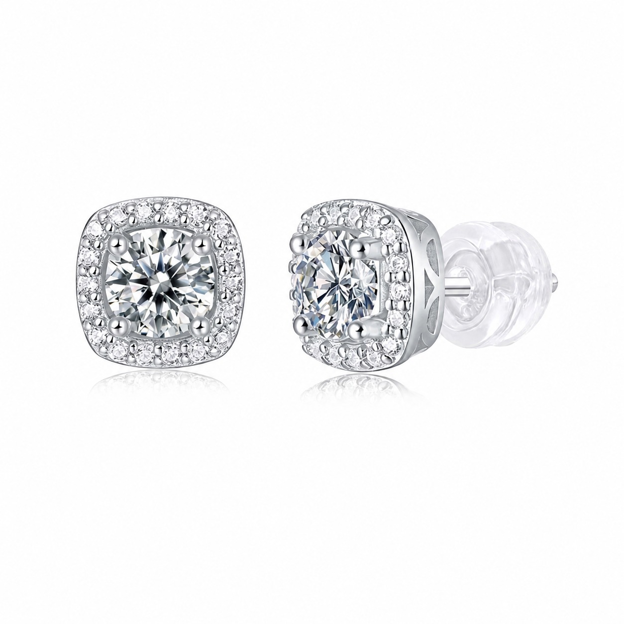 Square Cushion Halo Moissanite White 925 Sterling Silver Geometric Ear Stud Earrings
