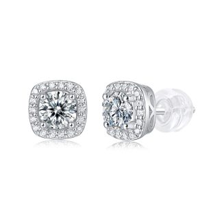 Square Cushion Halo Moissanite White 925 Sterling Silver Geometric Ear Stud Earrings