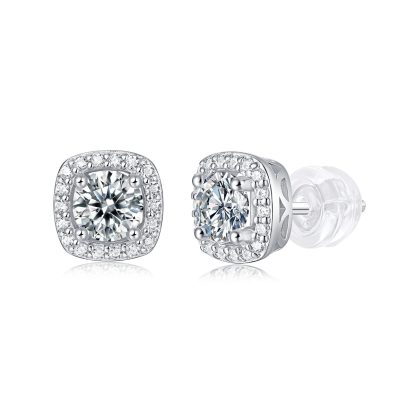 Square Cushion Halo Moissanite White 925 Sterling Silver Geometric Ear Stud Earrings