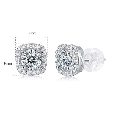 Square Cushion Halo Moissanite White 925 Sterling Silver Geometric Ear Stud Earrings