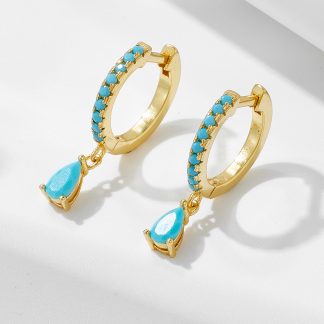Women Fashion Style Party Anniversary Gift Elegant Turquoise Water Drop 925 Sterling Silver Hoop Earrings