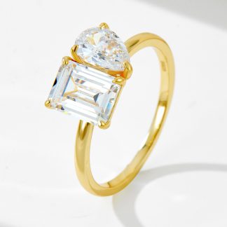Elegant Geometric Design Rectangle and Pear Shaped Cubic Zirconia 925 Sterling Silver Fashion Ring