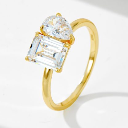 Elegant Geometric Design Rectangle and Pear Shaped Cubic Zirconia 925 Sterling Silver Fashion Ring