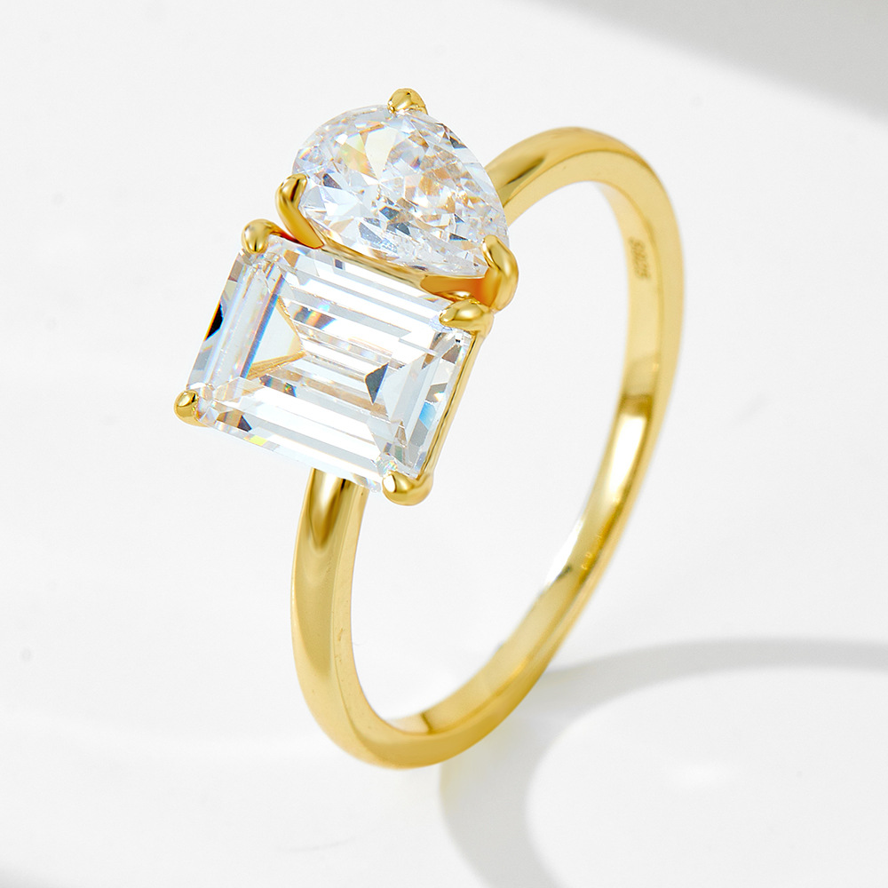 Elegant Geometric Design Rectangle and Pear Shaped Cubic Zirconia 925 Sterling Silver Fashion Ring