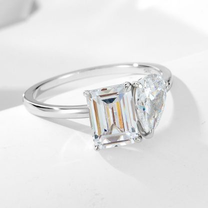 Elegant Geometric Design Rectangle and Pear Shaped Cubic Zirconia 925 Sterling Silver Fashion Ring