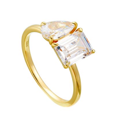 Elegant Geometric Design Rectangle and Pear Shaped Cubic Zirconia 925 Sterling Silver Fashion Ring