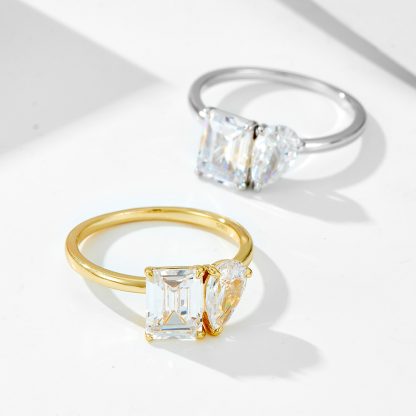 Elegant Geometric Design Rectangle and Pear Shaped Cubic Zirconia 925 Sterling Silver Fashion Ring