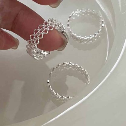 Women Elegant Double Layers Lace 925 Sterling Silver Adjustable Ring