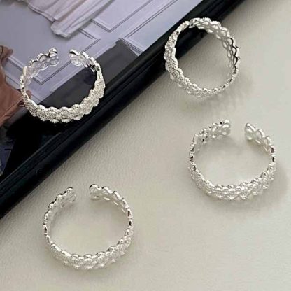 Women Elegant Double Layers Lace 925 Sterling Silver Adjustable Ring