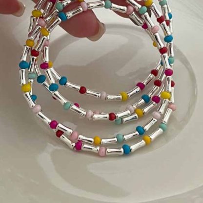 Colorful Natural Opal Bamboo Joint 925 Sterling Silver Bracelet