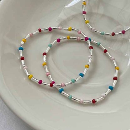 Colorful Natural Opal Bamboo Joint 925 Sterling Silver Bracelet