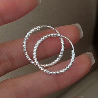 Geometric Textured  Sparkling Diamond Cut Circle Design  925 Sterling Silver  Hoop Earrings